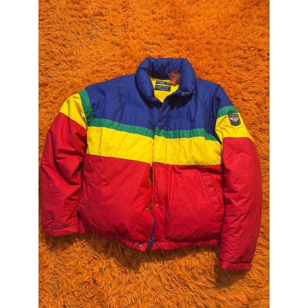 Vintage Polo Ralph Lauren Color Block Down Puffer Jacket Mens Medium Multi Color